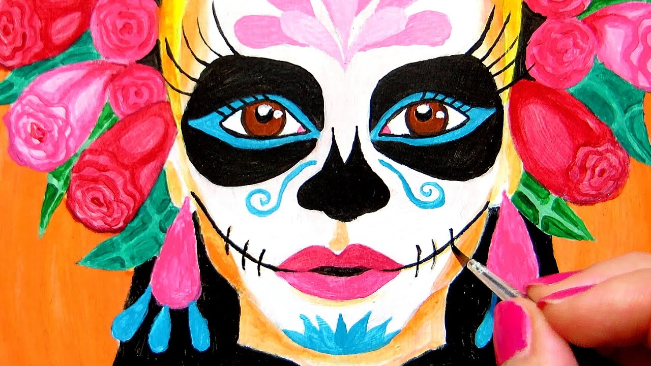 1280x720 Sugar Skull Girl Acrylic Speed Painting On Cardboard La - Calavera Painting