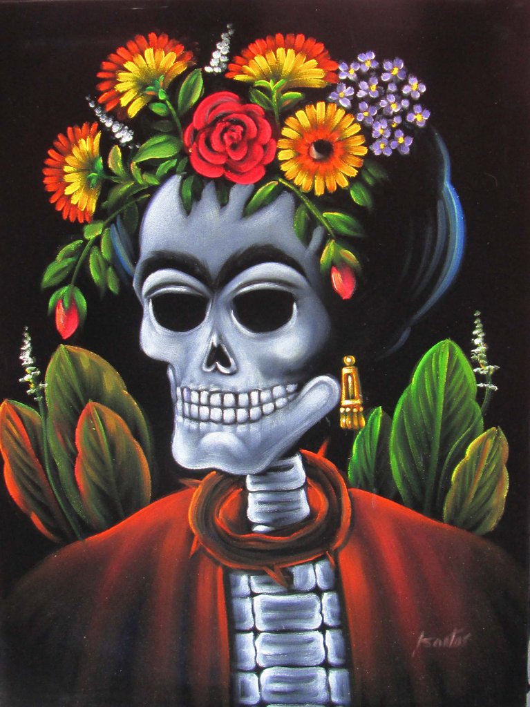 767x1024 Calavera De Frida Kahlo Original Oil Painting On Black Velvet By - Calavera Painting