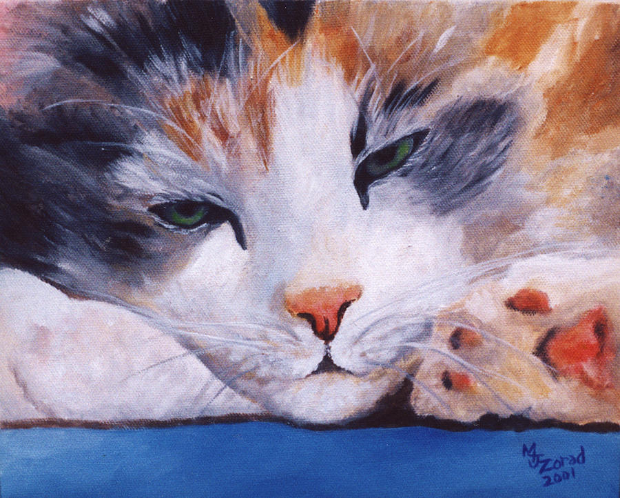 900x722 Calico Cat Power Nap Series Painting By Mary Jo Zorad - Calico Cat Painting