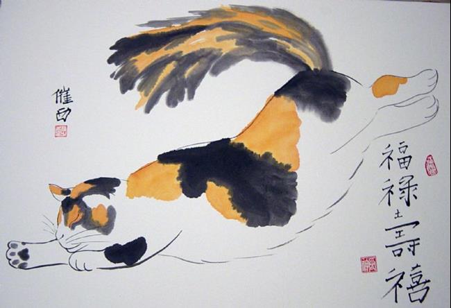 650x444 Lucky Calico Cat Stretch - Calico Cat Painting