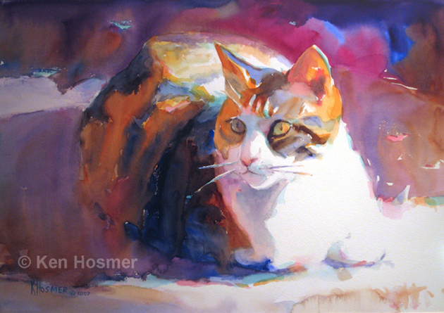 630x445 Watercolor Demonstration Ken Hosmer Watercolor Workshops And Videos - Calico Cat Painting