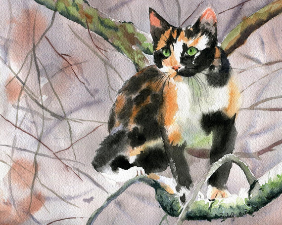 570x456 Calico Cat Art Print Of A Watercolor Handmade Painting Large - Calico Cat Painting