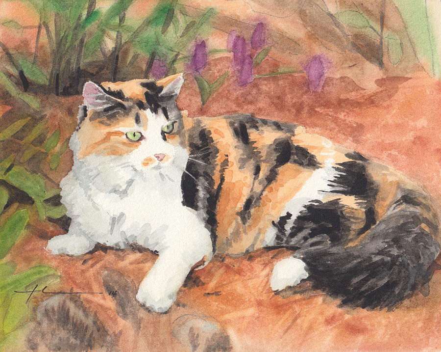 900x717 Calico Cat In Garden Watercolor Painting Painting By Mike Theuer - Calico Cat Painting