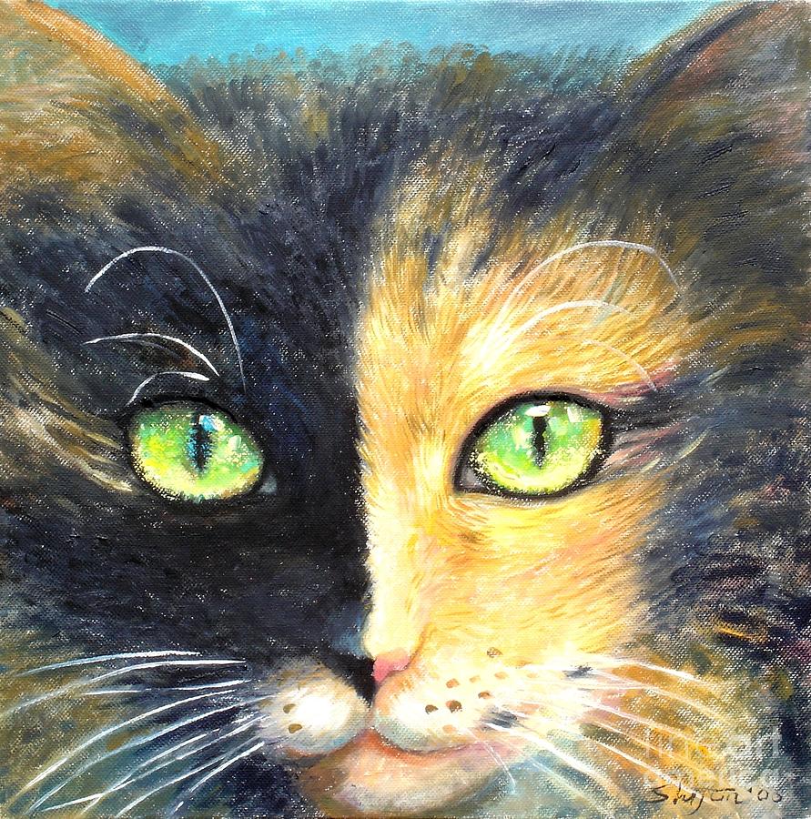 891x900 Calico Cat Painting By Shijun Munns - Calico Cat Painting