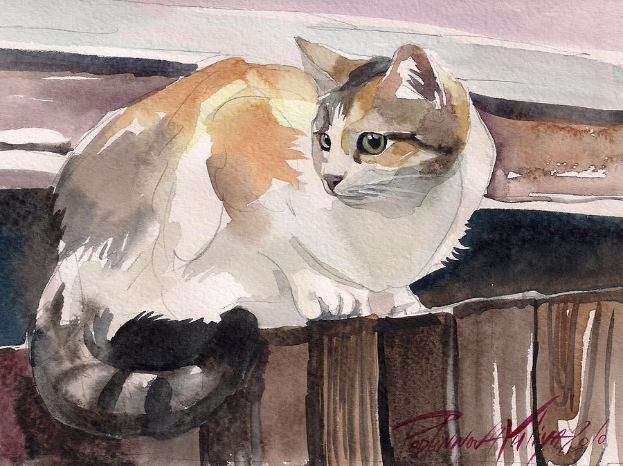 900x674 Calico Cat Painting By Yuliya Podlinnova - Calico Cat Painting