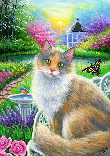 388x550 Aceo Artist Calico Cat Butterfly Bird Spring Garden Flowers - Calico Painting