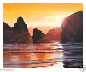 300x253 California Beach Painting Sunset Painting Seascape Coastline Red - California Beach Painting