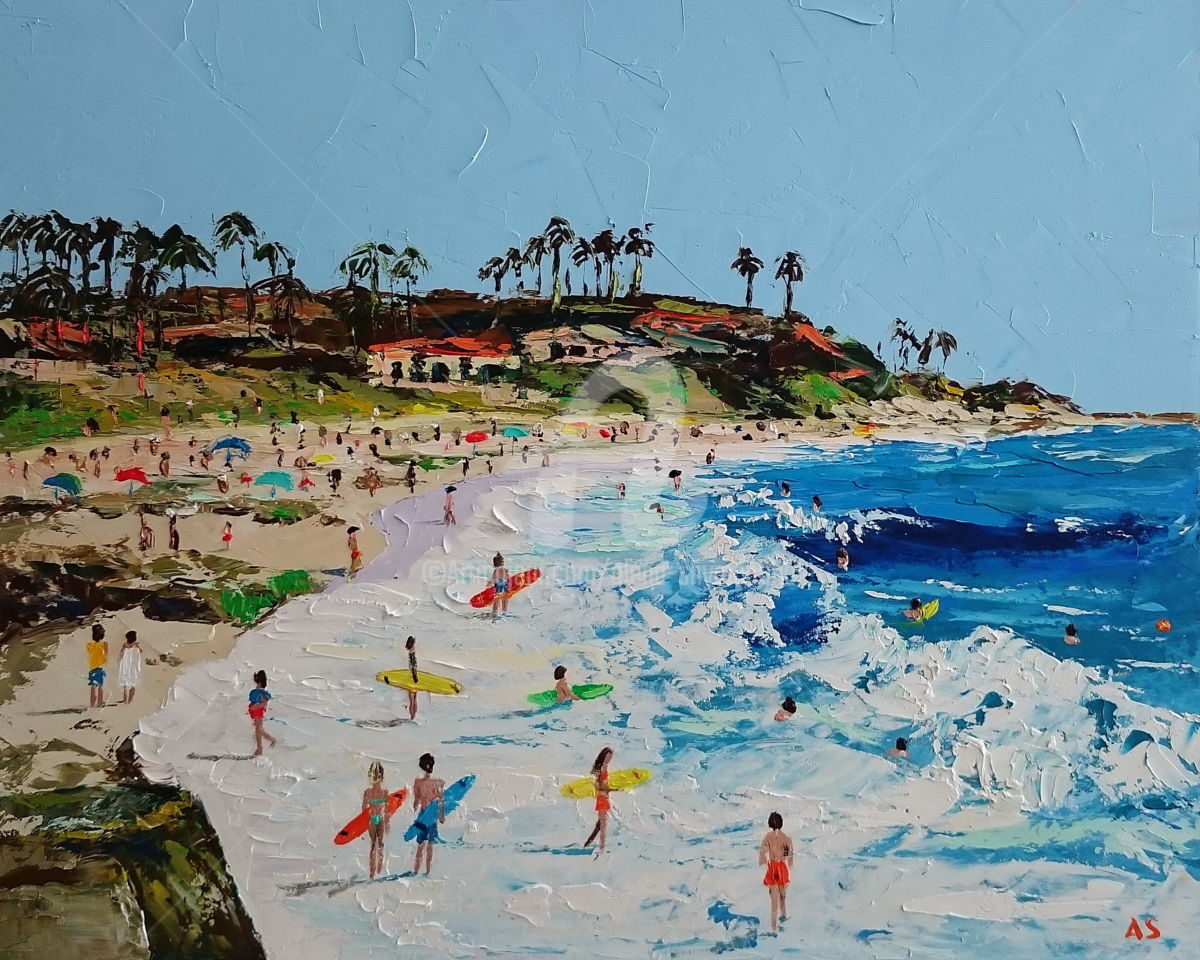 1200x960 California Beach Palette Knife Oil Painting (Alena Shymchonak) - California Beach Painting