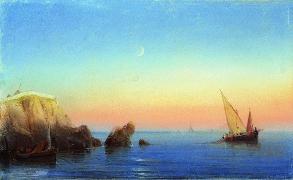 1000x615 Calm Sea Rocky Coast 1860 - Calm Sea Painting