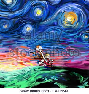300x320 Calvin And Hobbes In Van Gogh Starry Night Painting Effect Stock - Calvin Hobbes Painting