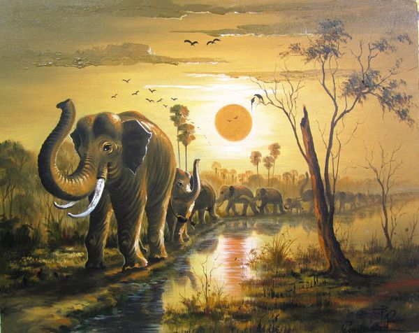 600x476 A Colorful Oil Painting From Cambodia, Depicted Of Elephant - Cambodia Painting