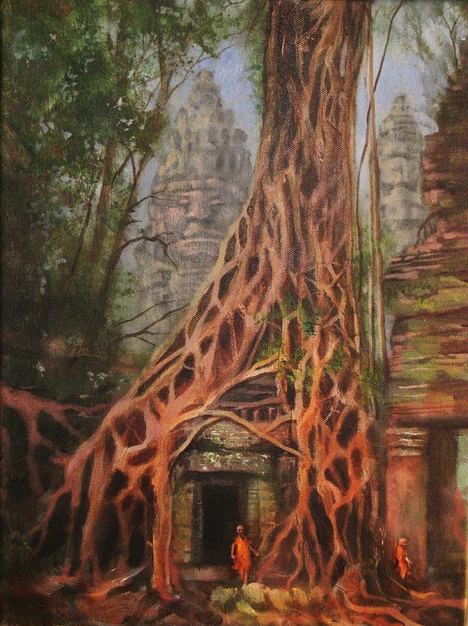 672x900 Ta Prohm Cambodia Painting By Tom Shropshire - Cambodia Painting