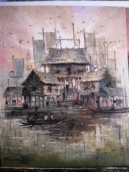 450x600 A Colorful Oil Painting From Cambodia, Depicted Of Floating - Cambodia Painting