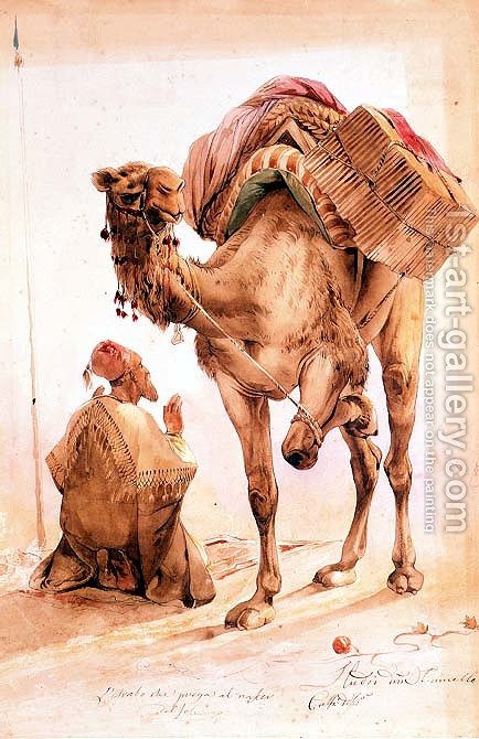 434x670 Praying Arab With A Secured Camel Ippolito Caffi Reproduction - Camel Painting