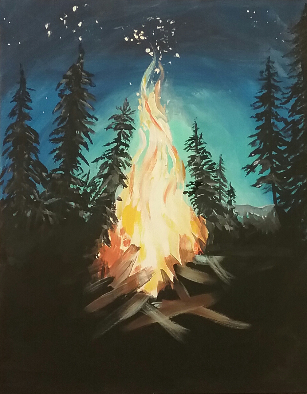 999x1279 Fine Arts School In The Pines Paint And Pour - Campfire Painting