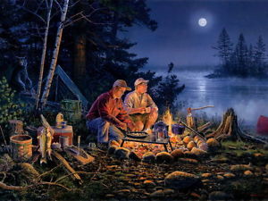 300x225 Fishing Campfire Fishermen Bear Lake Night Painting Huge Giant - Campfire Painting