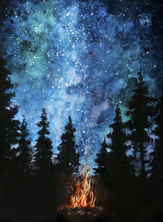 570x774 Galaxy Night Sky Campfire Painting Print Wall Art Decor Lakeside - Campfire Painting