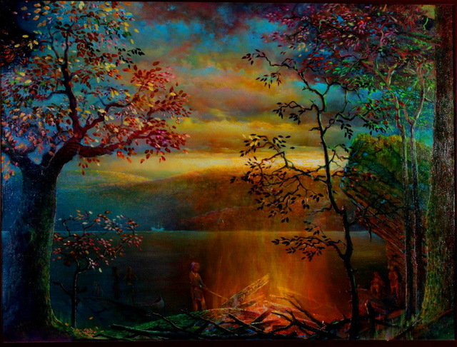 640x486 Modern Handmade Painting Campfire In The Forest On Oil Painting - Campfire Painting