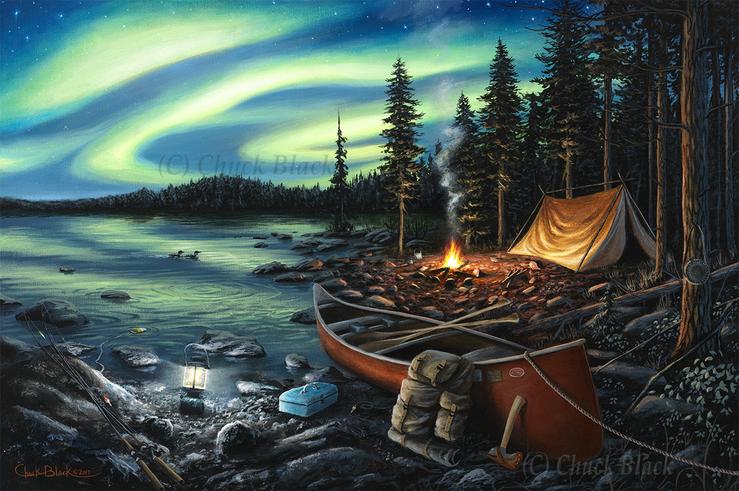 739x491 Northern Lights Camping Painting - Campfire Painting