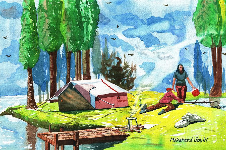 900x598 Summer Camping With A Tent Scene Painting By Makarand Joshi - Camping Painting