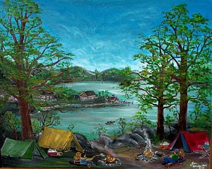 300x239 Tranquility Lake Painting By Jim Hunsucker - Camping Painting