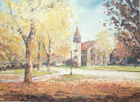 484x355 Ohio State University Orton Hall The Oval Campus Art Print - Campus Painting