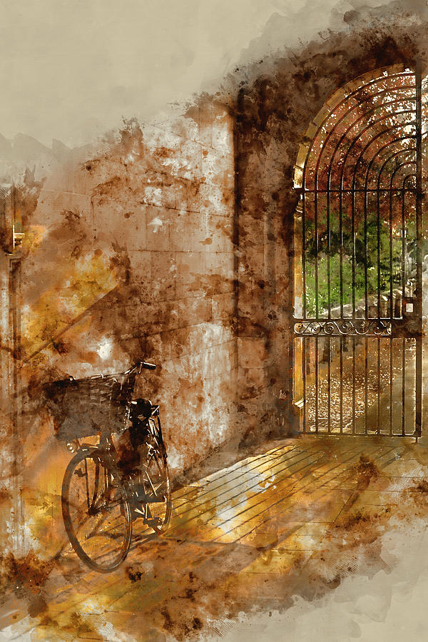 600x900 Watercolour Painting Of Old Bicycle In Cambridge University Campus - Campus Painting