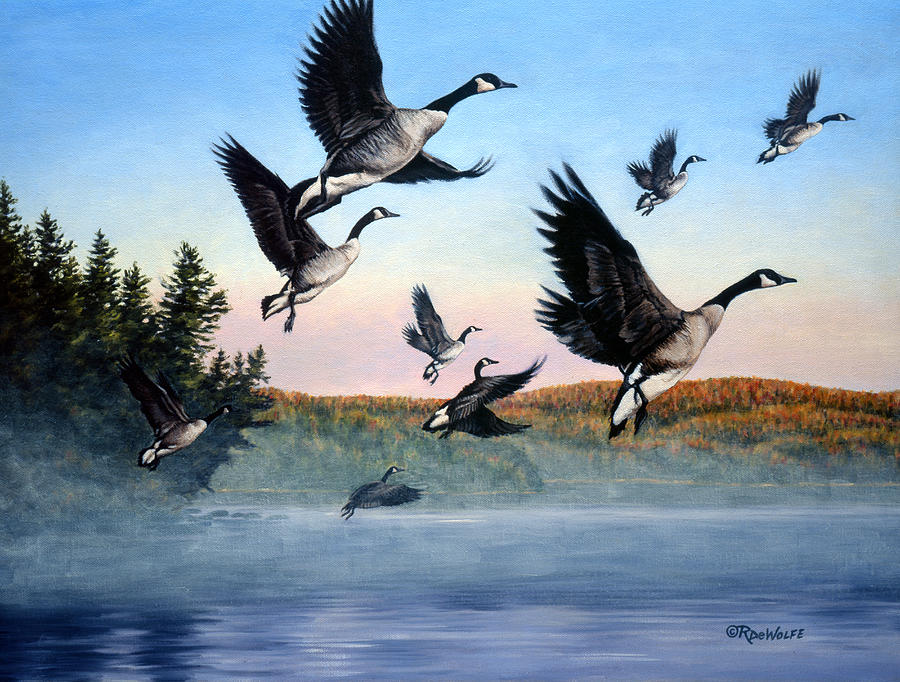900x682 Time To Go Painting By Richard De Wolfe - Canada Goose Painting
