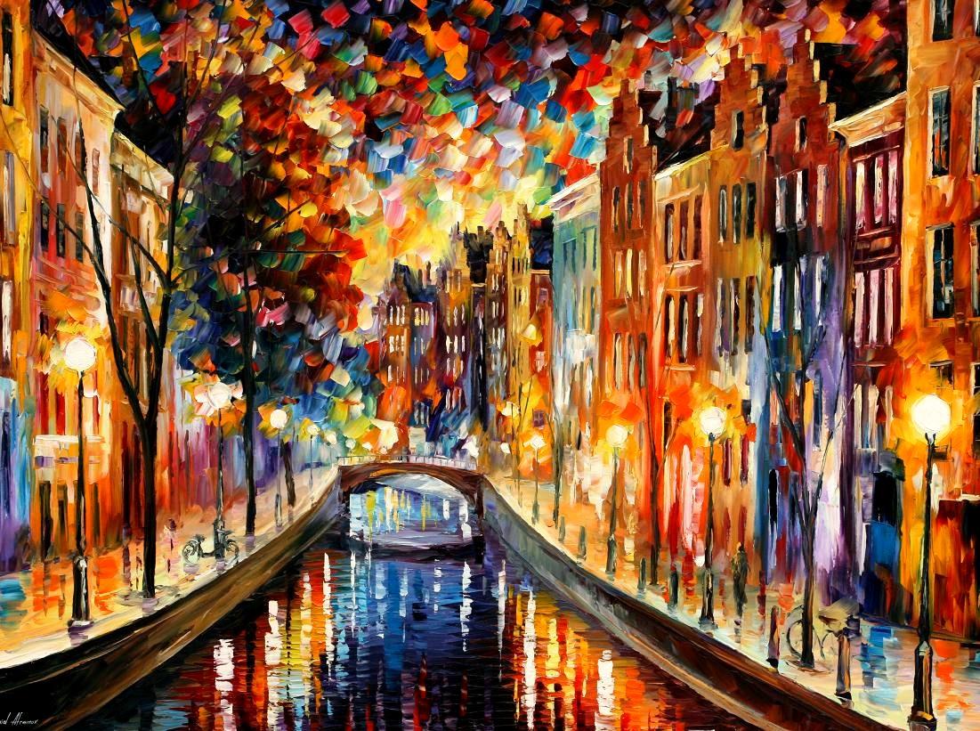 1101x821 Amsterdam Night Canal Palette Knife Oil Painting On Canvas By - Canal Painting