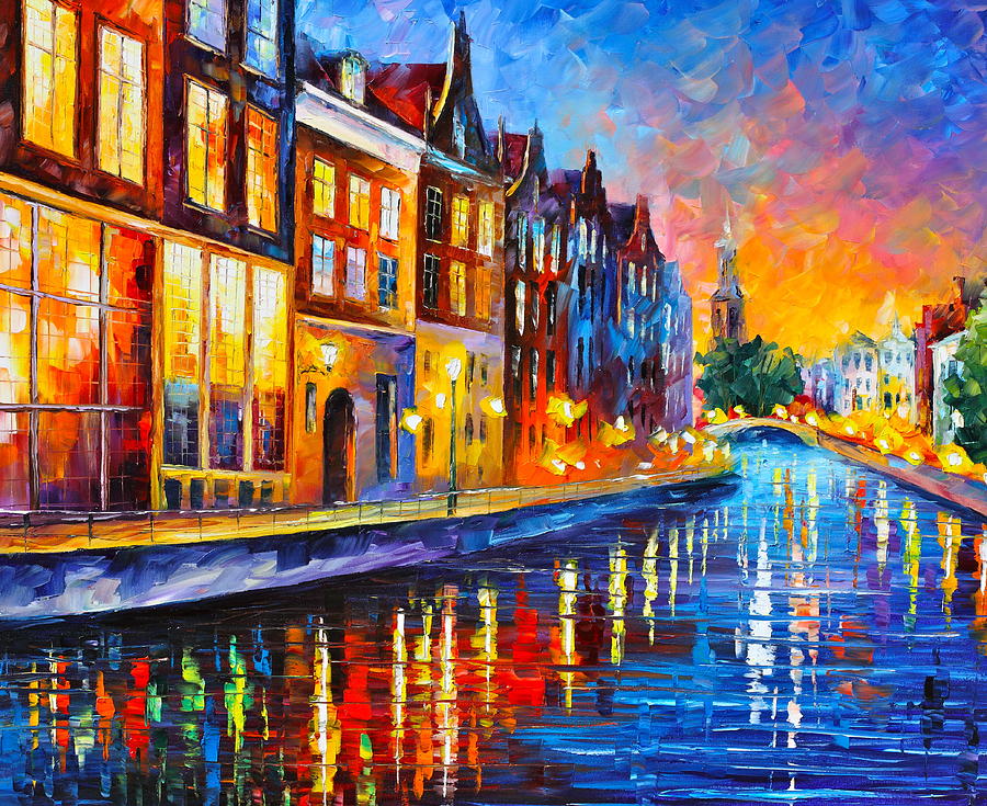 900x735 Canal In Amsterdam Painting By Leonid Afremov - Canal Painting