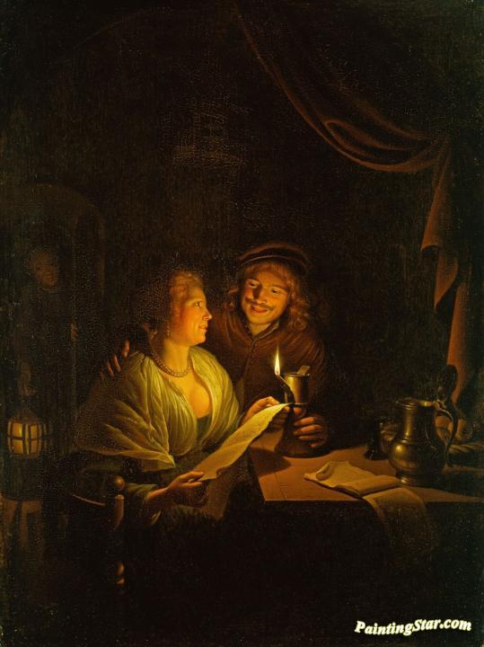 539x720 A Couple Reading By Candlelight Artwork By Gerrit Dou Oil Painting - Candle Light Painting