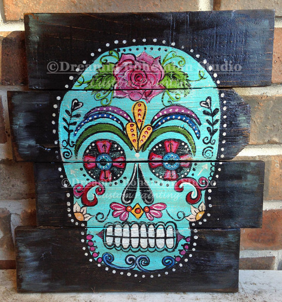 570x609 Sugar Skull Artwork, Wood Pallet Art, Hand Built Turquoise Dia De - Candy Skull Painting