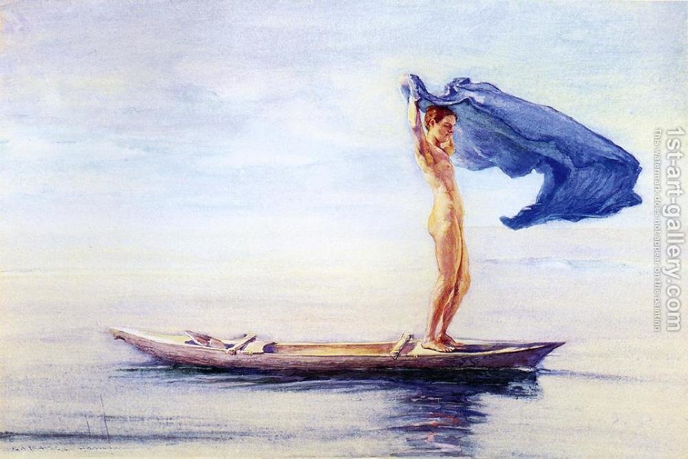 1000x668 Girl In Bow Of Canoe Spreading Out Her Loin Cloth For A Sail Samoa - Canoe Painting