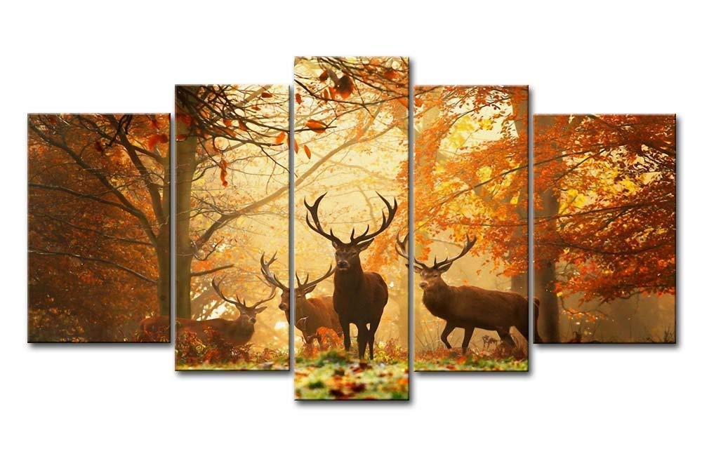 1000x650 Brown 5 Panel Wall Art Painting Deer In Autumn Forest - Canvas Art Painting