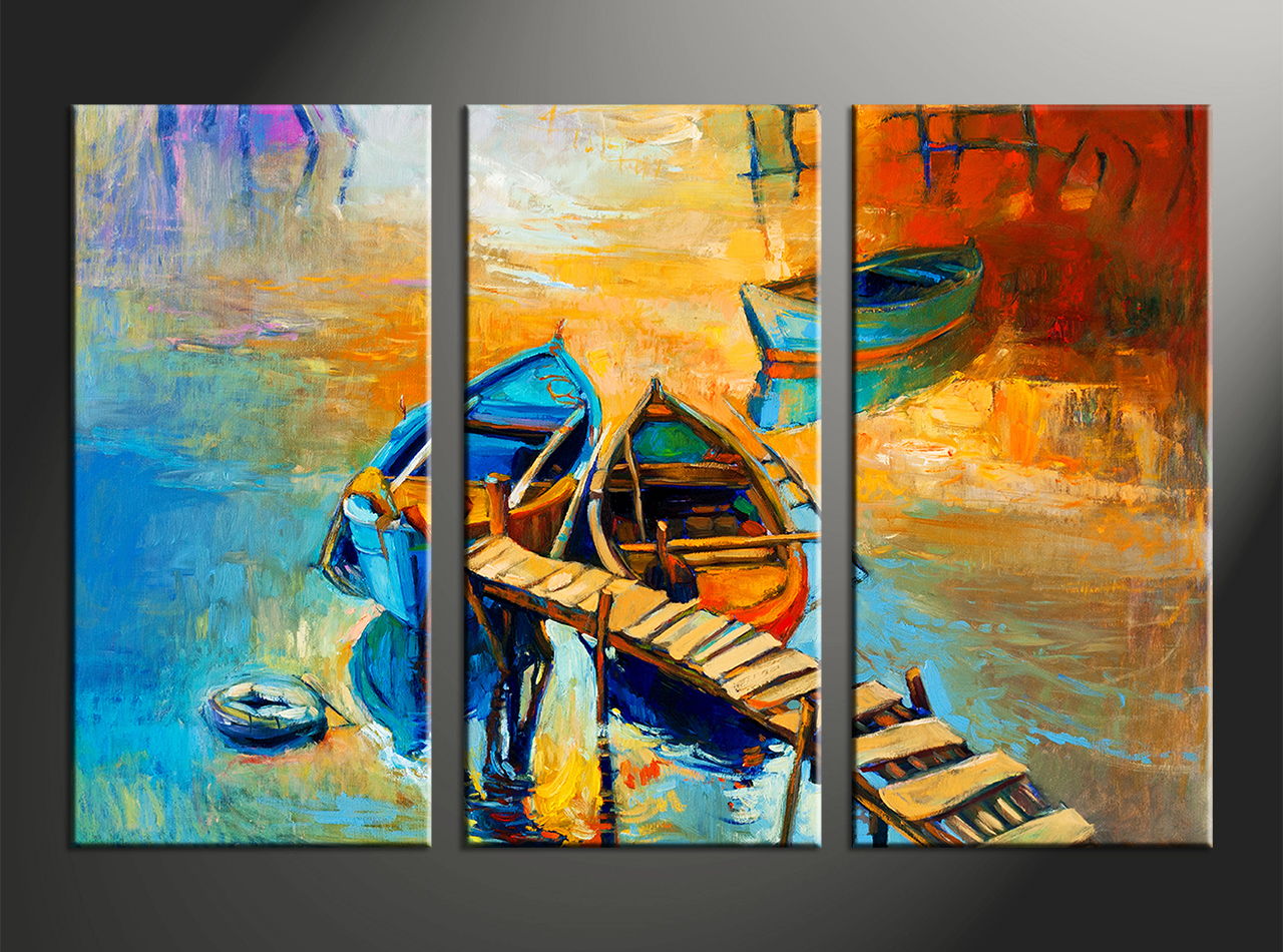 1280x950 3 Piece Boat Ocean Oil Paintings Yellow Artwork - Canvas Oil Painting