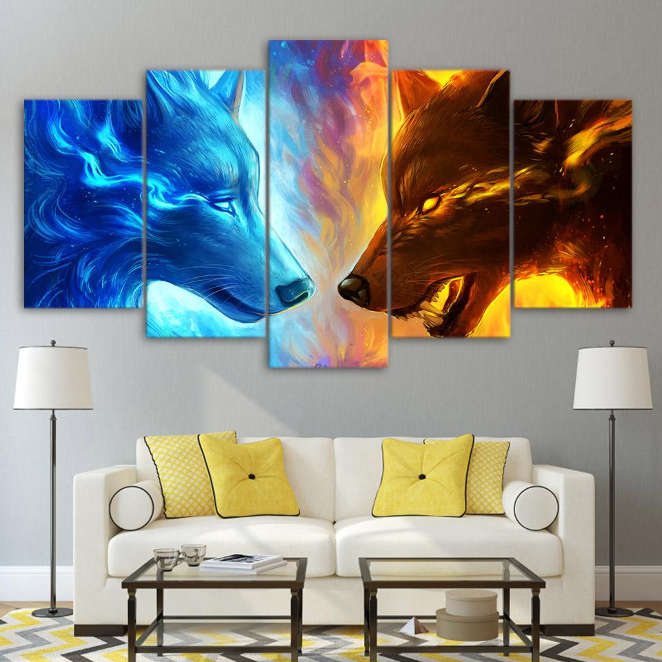 960x960 Fire And Ice By Jojoesart 5 Piece Wolf Canvas Painting - Canvas Painting