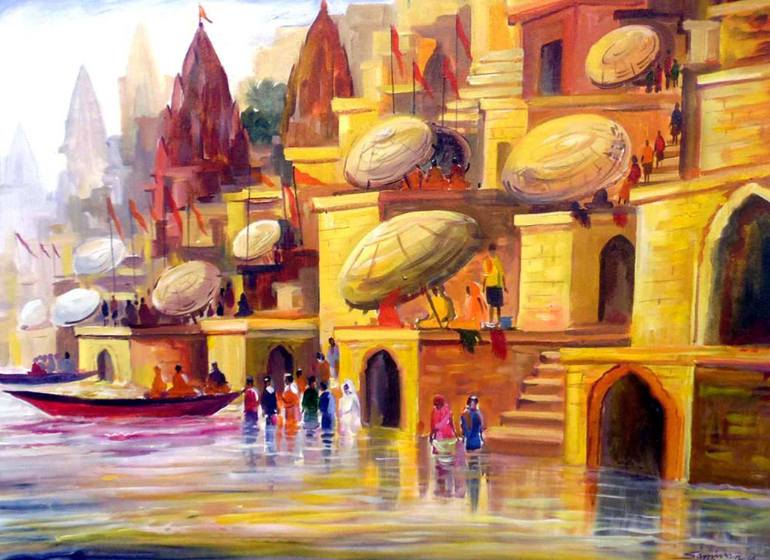 770x560 Saatchi Art Varanasi Ghat - Canvas Painting