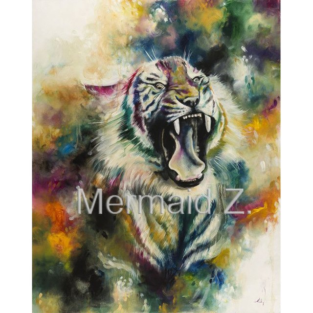 640x640 High Quality Hand Painted Animal Abstract Roaring White Tiger Oil - Canvas Painting Animals