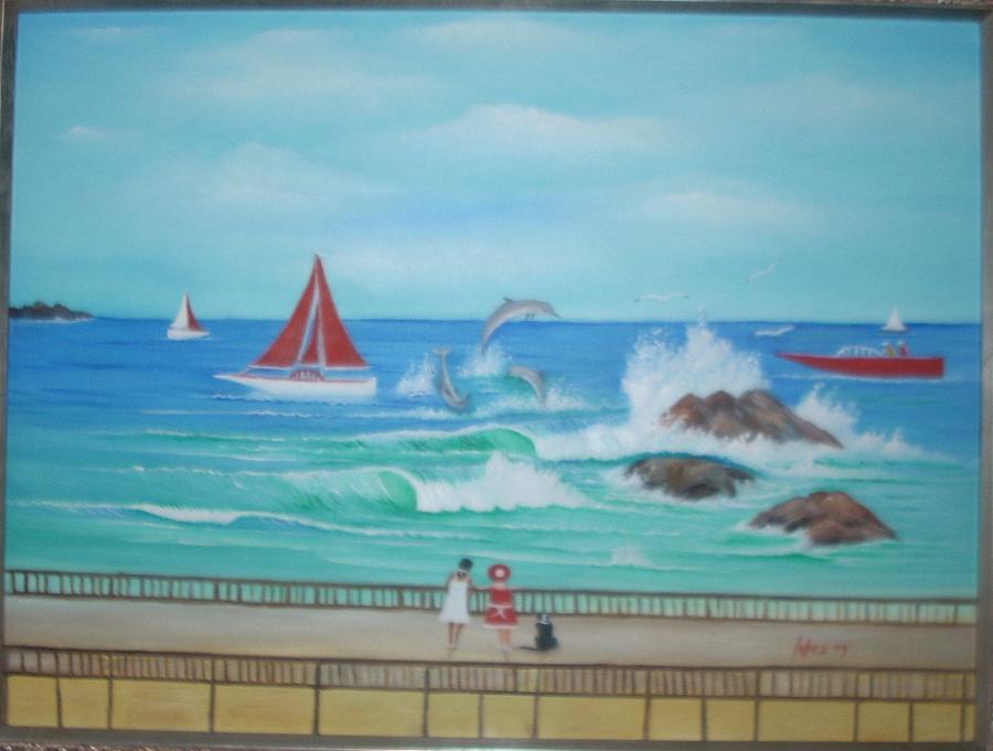 900x681 Beach Scene Dolphins Painting By Miguel Lopez - Canvas Painting Beach Scene