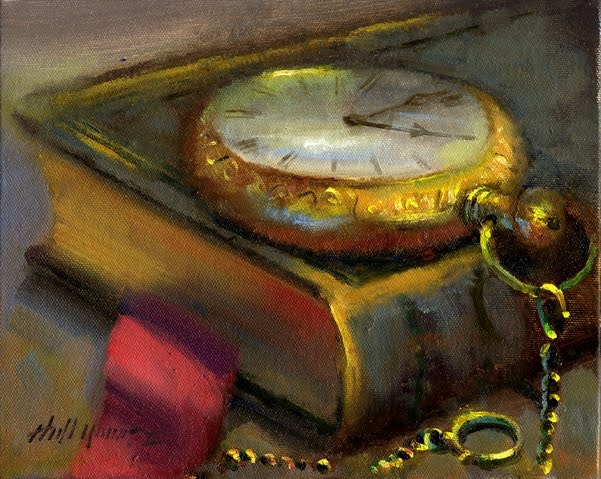 601x479 Vintage Pocket Watch On Book 8 X10 Oil On Canvas By Artist Hall - Canvas Painting Book