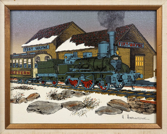 570x458 Vintage H. Hargrove Oil Painting Fort Wayne Train Locomotive - Canvas Painting Fort Wayne