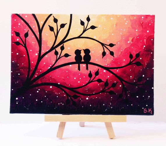 570x502 Mini Painting, Love Birds Art, Mini Canvas Art, Purple Sunset - Canvas Painting Love