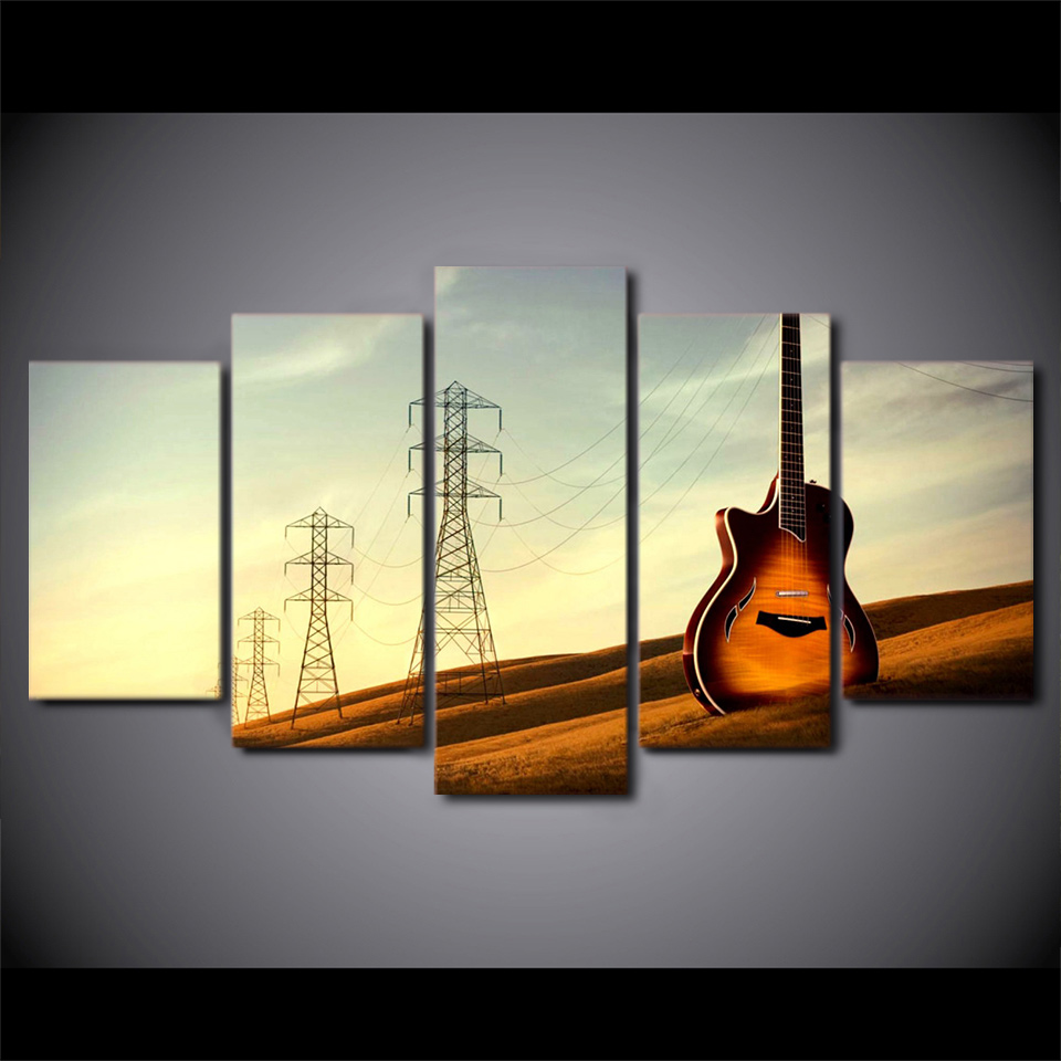 960x960 5 Piece Canvas Art Hd Printed Vintage Guitar Painting Music - Canvas Painting Music