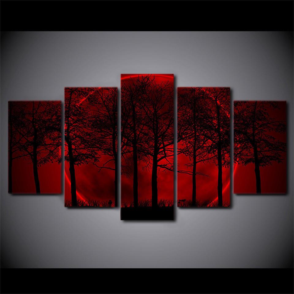 960x960 Red Moon Sky Painting Dark Forest On Wall Art Canvas - Canvas Painting Red