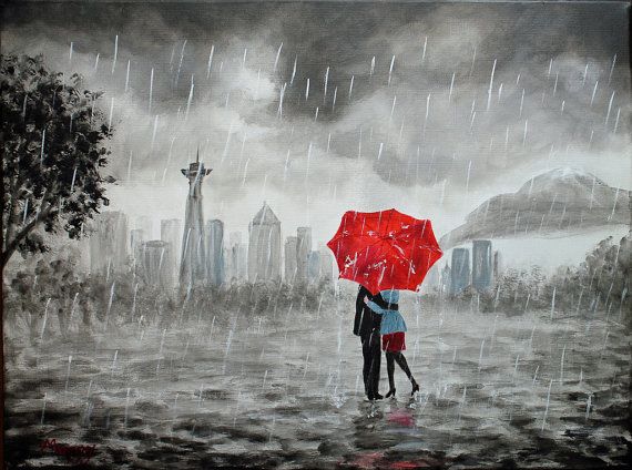 570x424 Original Painting,seattle Lover, Kissing In Rain, Black White Red - Canvas Painting Seattle