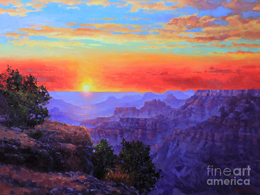 900x674 Grand Canyon Sunset Painting By Gary Kim - Canyon Painting