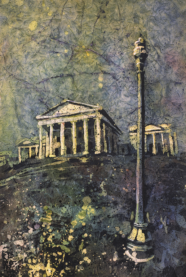 600x892 Watercolor Batik Painting Of Richmond Capitol Building Moonlit - Capitol Building Painting