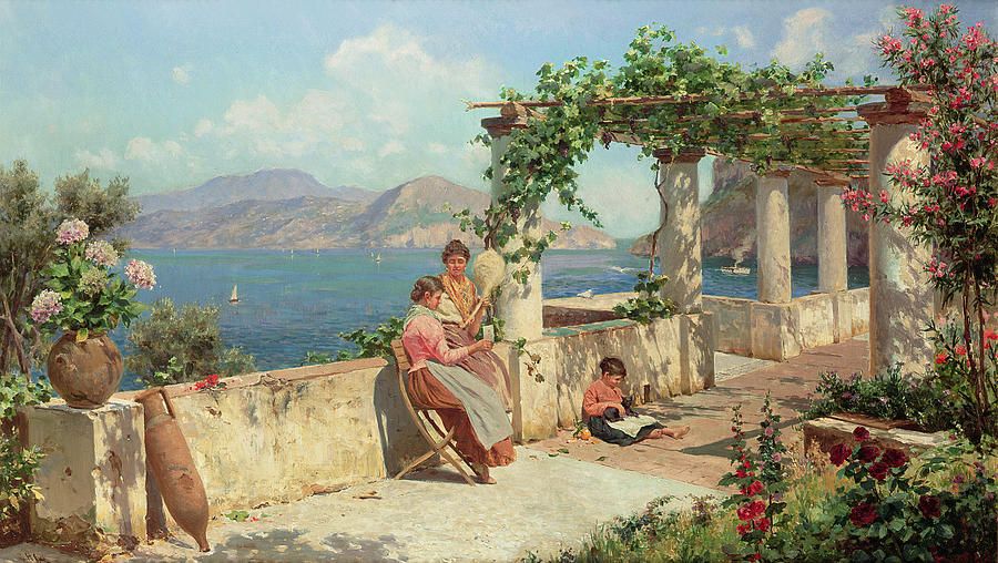 900x508 Figures On A Terrace In Capri Painting By Robert Alott Summer - Capri Painting