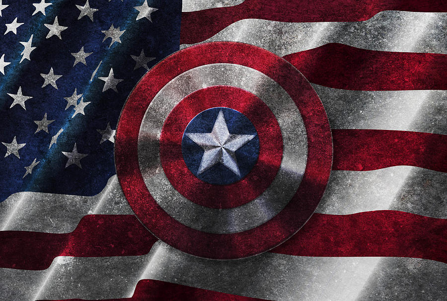 900x605 Captain America Shield On Usa Flag Painting By Georgeta Blanaru - Captain America Painting