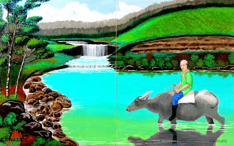 900x560 Waterfalls And Man Riding A Carabao Painting By Cyril Maza - Carabao Painting